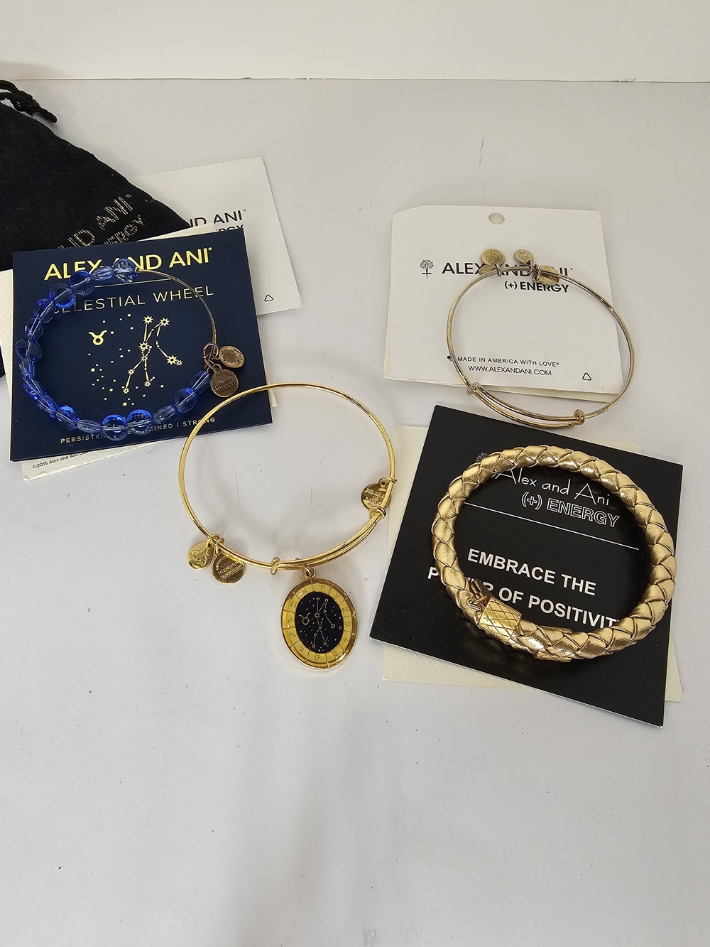 Alex and Ani Taurus, Celestial Wheel, Leather Gold, Gold Tone Bracelet Set Auth